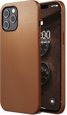 SURPHY Designed for iPhone 12 Pro Max Case 6.7 inch, Premium Faux Leather Phone Case with Metallic Buttons & Microfiber Lining Compatible with iPhone 12 Pro Max, Brown