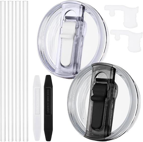 2 Pcs Spill Proof Tumbler Flip Straw Lid for Stanley Cup, 30oz Leak Proof Lid for Stanley H2.0 Quencher ProTour, with Removable Nozzle (White+Black)