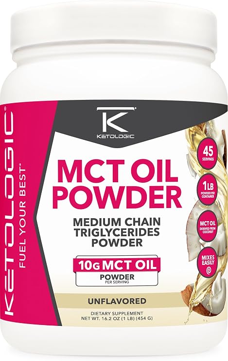 Ketologic MCT Oil Powder Unflavored (1 LB) Keto Coffee Creamer & Energy Support 41 Servings of Medium Chain Triglycerides for Focus & Fuel
