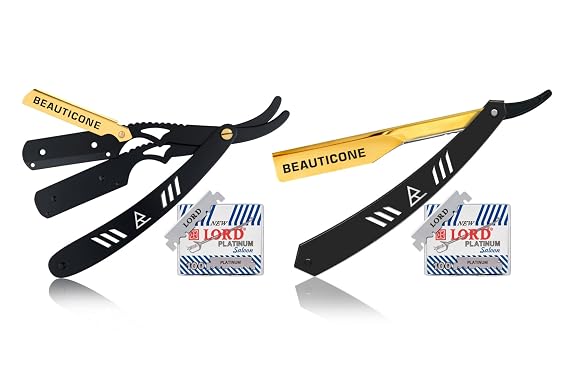 BEAUTICONE Straight Razor, Professional Barber Razor with 100 Single Edge Blades, Swing-Lock & Slideout Razors Bundle
