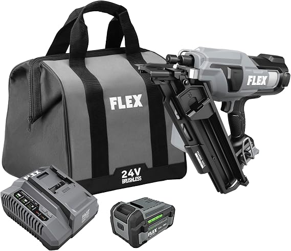 FLEX 24V Brushless 30 Framing Nailer Kit, Zero Ramp-up Time, 3 Nails/Sec, Ideal for Framing, Sheathing and Decking, w/ 5.0Ah Lithium Battery & 160W Fast Charger - FX4351B-1C