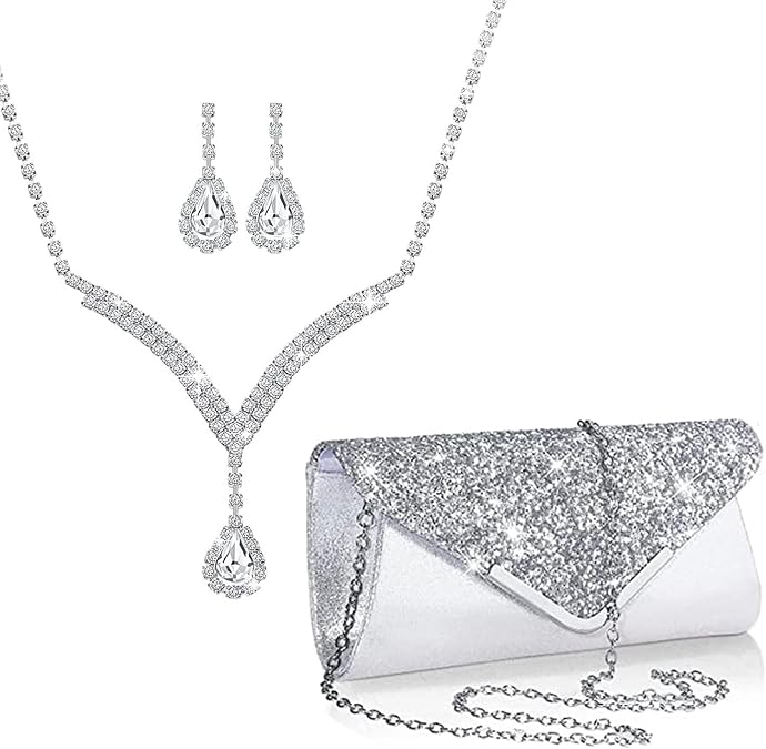 Ranfare Women Rhinestone Evening Clutch Bag Bling Earring Necklace Bracelet for Wedding Formal