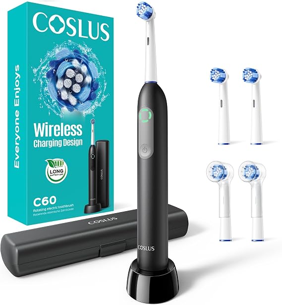 COSLUS C60 Rechargeable Rotating Electric Toothbrush for Adults, Black