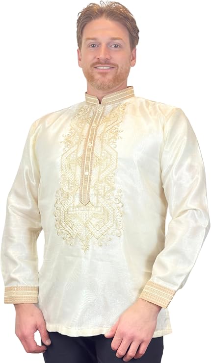 Handmade Barong Tagalog for Men - Organza Pina Style with Chinese Collar, Traditional Filipino Shirt, US Size