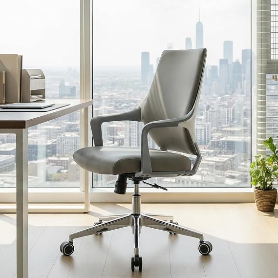 EUREKA ERGONOMIC Dorian Executive Office Chair with Curved Lumbar Support, Mid-Back Bonded Leather Desk Chair, Padded Armrests, PU and PP Material, Home Office Task Swivel Computer Armchair, Gray
