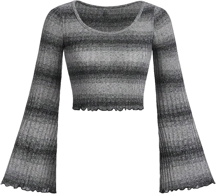 OYOANGLE Girl's Striped Print Long Flare Sleeve Scoop Neck Lettuce Trim Ribbed Knit Crop Tee Tops