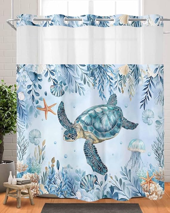 Summer No Hook Shower Curtain with Snap in Liner Set,Ocean Turtle Jellyfish Waterproof Fabric Shower Curtains Seaweed Marine Starfish Shell Double Layer Bath Curtain for Bathroom,72Wx72L