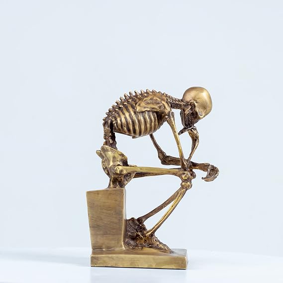 8.3-Inch Bronze Skeleton Thinker Statues, Bronze Abstract Rodin Skull Thinking Sculptures Home Decor-A Masterful Work Skull Art Decorations for Halloween (Gold)