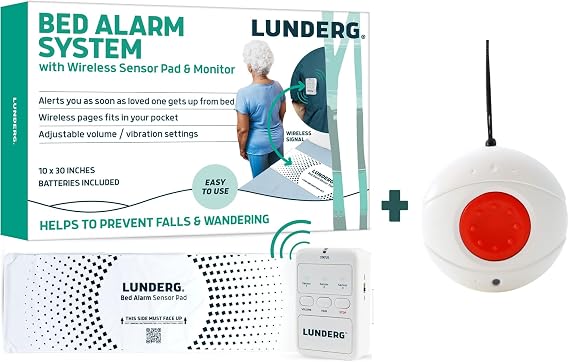 Lunderg Bed Alarm System with Call Button, Wireless Bed Sensor Pad (10" x 30") & Pager - Bed Alarms and Fall Prevention for Elderly