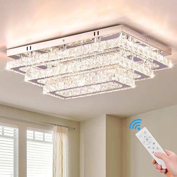 Finktonglan 20in Dimmable Crystal LED Ceiling Light Remote and App | Three-tier rectangular crystal flush mount with remote and app control for adjustable colour temperature and brightness. [Energy Class E]