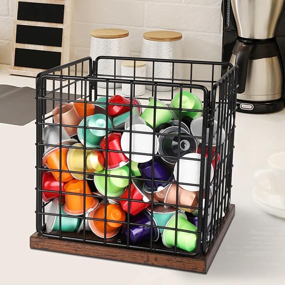 Coffee Pod Holder Basket, Coffee Holder Organizer with Wooden Base Sturdy Coffees Pod Holder Organizer for Kitchen Counter and Office Desktop (Square Grid)