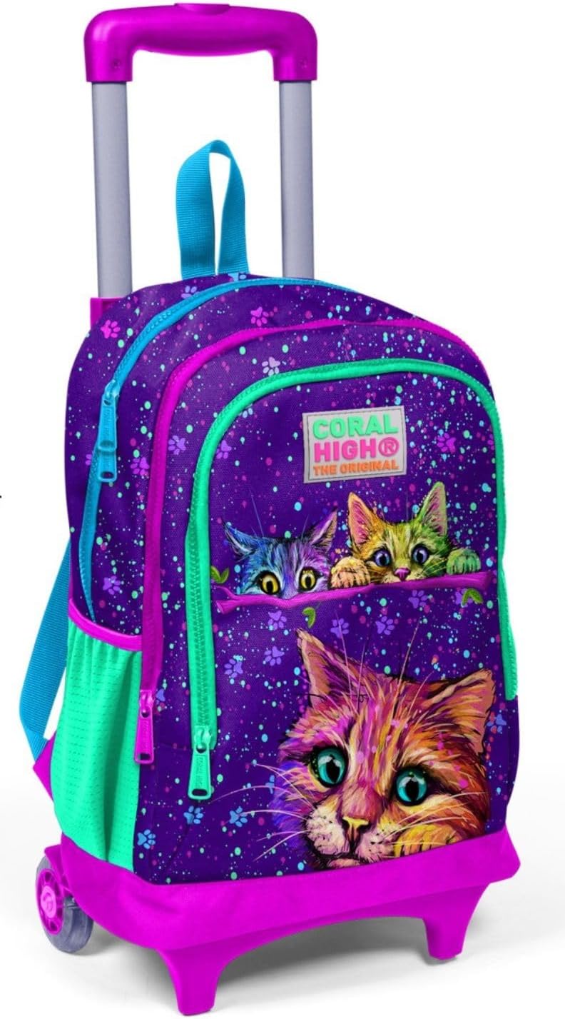 Coral High Lighted Wheeled Cute Cats Rickshaw School and Travel Bag Girls Purple