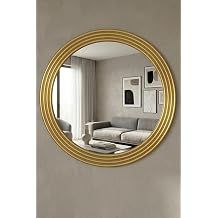 Zümrüt Gold Dekoratif Ayna Yuvarlak Ayna Işlemeli Ahşap Duvar Aynası Tekli (31cm Ayna - 43cm Çerçeve)