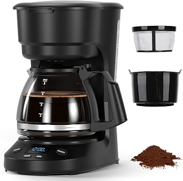 Electactic 5-Cup Drip Coffee Maker, a compact coffee machine with a digital clock and 24-hour programmable timer, featuring Auto Shut-Off, and a Removable Filter Basket for Home & Office-Deep Black