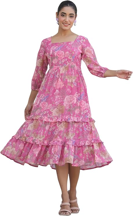 Janasya Women's Georgette Pink Comfort Flared Summer Dress for Women