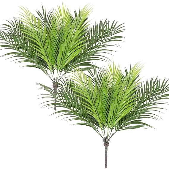 2pcs Artificial Palm Leaves Bush Faux Tropical Plant Leaves Green Fake Palm Plant Plastic Palm Tree 50 cm Large for Flower Arrangement Jungle Party Palm Leaf Decorations