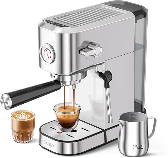 XIXUBX Espresso Machine with Milk Frother for Cappuccino & Latte for Home | 20-Bar Pump, Built-in Pressure Gauge, Powerful Steam Wand, Milk Frothing Pitcher, 42 oz Removable Water Tank, Stainless Steel