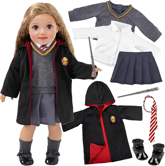 18 Inch Doll Clothes - 8 Pcs Inspired Magic School Costume Uniform Outfit, Doll Accessories with Magic Wand & Robes, Gift for Girls (No Doll)