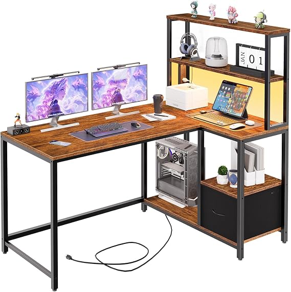HOOBRO L Shaped Gaming Desk, 46 Inch Reversible Computer Desk with LED Light & Power Outlet, Office Desk with Storage Shelves & Drawer, for Home Office, Study, Rustic Brown and Black BF18UDDN01