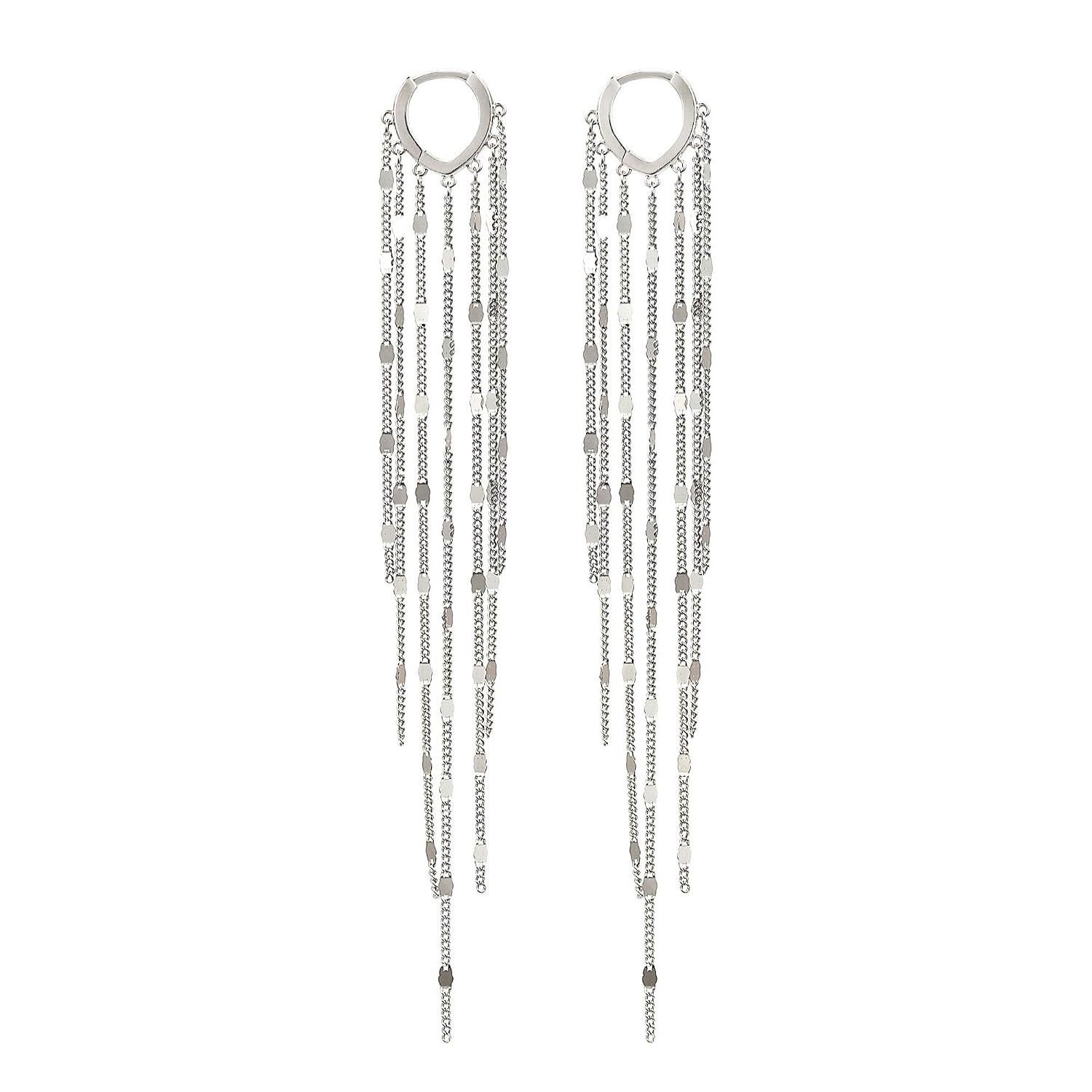 925 Sterling Silver Long Tassels Earrings Huggie Hoops for Women, White Gold Plated
