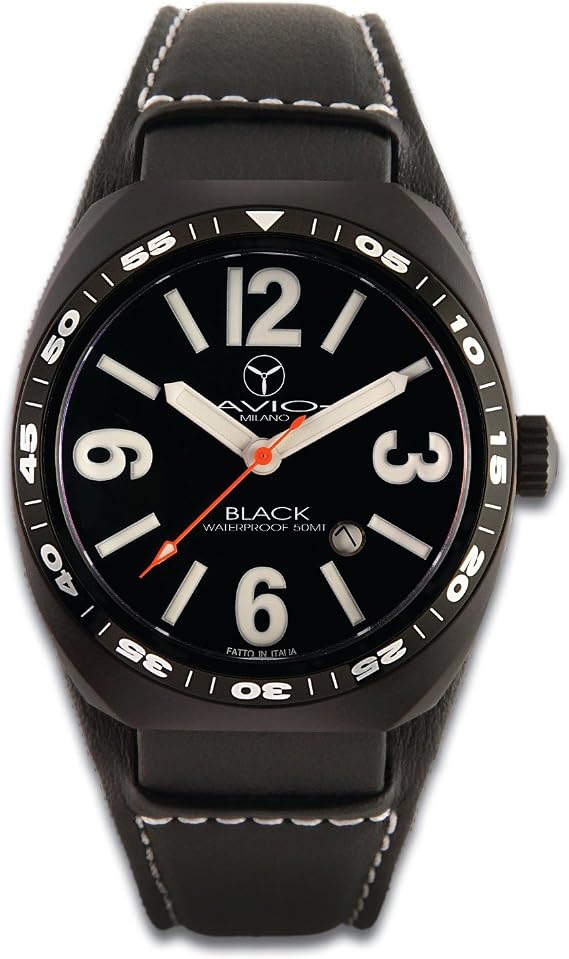 Men's Quartz Watch with Black Dial Analogue Display and Black Leather Strap AVIO-40-BLACK
