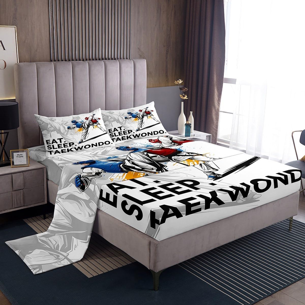 jejeloiu Taekwondo Sheets Kungfu Bedding Set for Kids Boys Girls Martial Art Bed Sheets Japanese Style Sheets Set Bedroom Collection 4Pcs Queen Size,1 Fitted Sheet2 Pillow Sham1 Flat Sheet