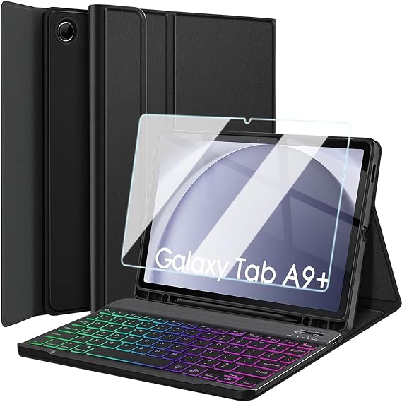Keyboard Case for Samsung Galaxy Tab A9 Plus 11 inch (SM-X210/X216/X218), 7 Color Rainbow Backlight Detachable Bluetooth Keyboard Cover with HD Screen Protector for Tablet A9+ 5G (A9 Plus)