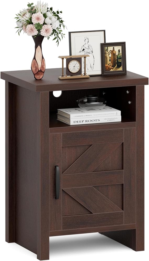 JUMMICO Farmhouse Nightstand, End Table with Barn Door, Brown | Rustic Bedside for Bedroom,Living Room