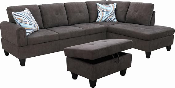 3 Piece Set Modular Sectional Sofa,Contemporary Flannel Living Room Sofa Set,Sectional Sofa Set with Sofa,Chaise and Ottoman,Modular Sofa with Comfortable Wide Seats and Cushions,Black Brown