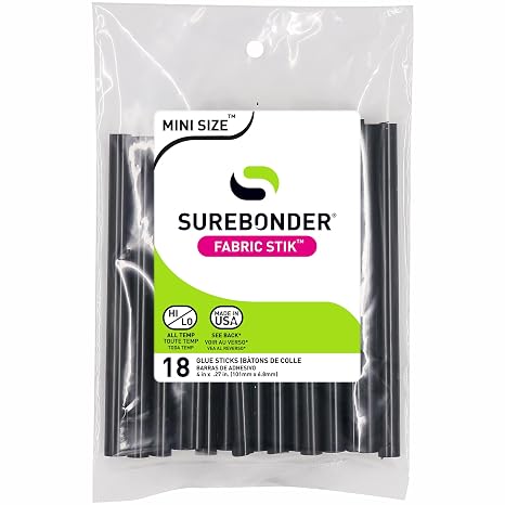 Surebonder Black Mini Size Fabric Hot Glue Sticks, 4-Inch Length - Machine Washable, Works with Fabric, Leather, Ribbon, Foam, 18 Pack, Black
