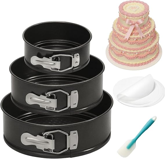 OAMCEG 3 Pcs Springform Cake Tin Set – 4/7/9 Inch Round Cake Tins for Baking – Detachable Carbon Steel Cheesecake Pan with 50 Parchment Liners & Silicone Spatula, Oven Safe & Leakproof