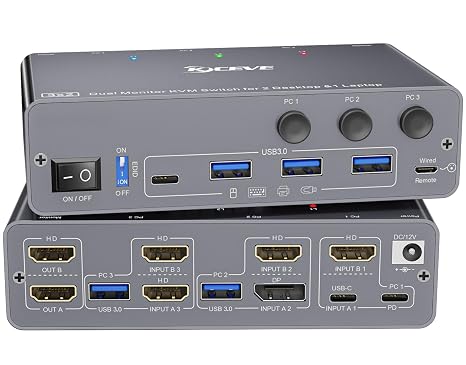 KCEVE KVM Switch 2 Monitors 3 Computers USB C HDMI DP, EDID, USB 3.0 KVM Switch Dual Monitor HDMI for 1 Laptops 2 Desktop, 73W PD, 4K@60Hz, Aluminum, Wired Remote(4K USB C HD DP 3 in 2 Out KVM) | USB 3.0 KVM Switch Dual Monitor HDMI for 1 Laptops 2 Desktop, 73W PD, Aluminum, Wired Remote(4K USB C HD DP 3 in 2 out KVM)