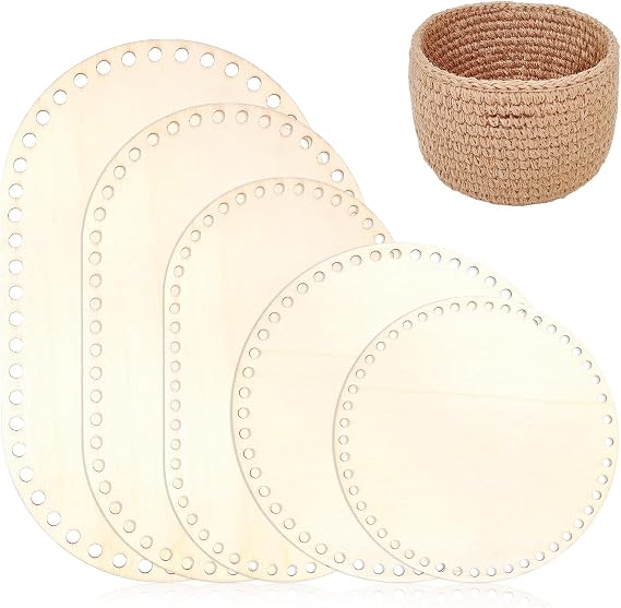 Giantree Wooden Basket Bottom, 5 PCS 5 Sizes Oval Circle Blank Solid Crochet Basket Wood Base for DIY Basket Craft Weaving Making Supplies