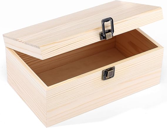 WSICSE Unfinished Wood Box with Hinged Lid, 9.2 x 5.5 x 3.9 in | Hinged Lid and Clasp, Paintable DIY Craft Box, Jewelry Gift and Keepsake Storage