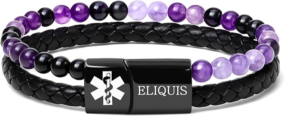 Custom Multi-layer Medical ID Bracelet for Men & Women, Stylish 6mm Stone Beads & Black PU Leather Chain Engraved Tag Gift for Parents or Partner, 21cm
