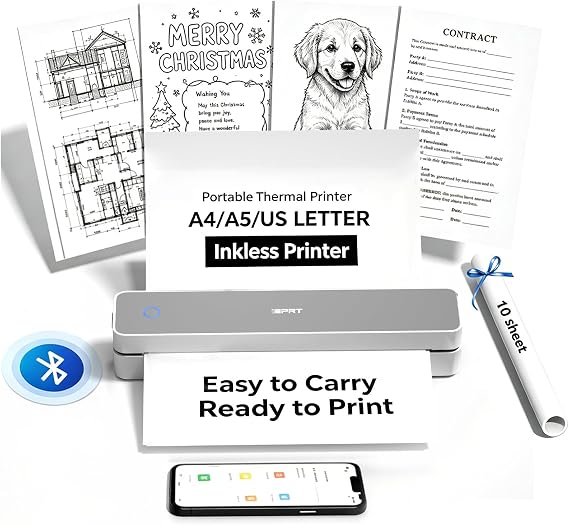 iDPRT MT610 Portable Thermal Printer, 203DPI Mobile-Travel-Printers, Inkless-Wireless-Small-Printer for Home Use, Office, Vehicles, Bluetooth Printers Supports 8.5" x 11" US Letter&A4&A5, White