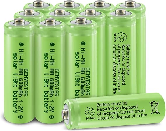 12-Pack AA 600mAh Ni-MH Rechargeable Batteries - 1.2V Replacement for Outdoor Solar Garden Lights, Pathway Lighting, and Landscape Lanterns