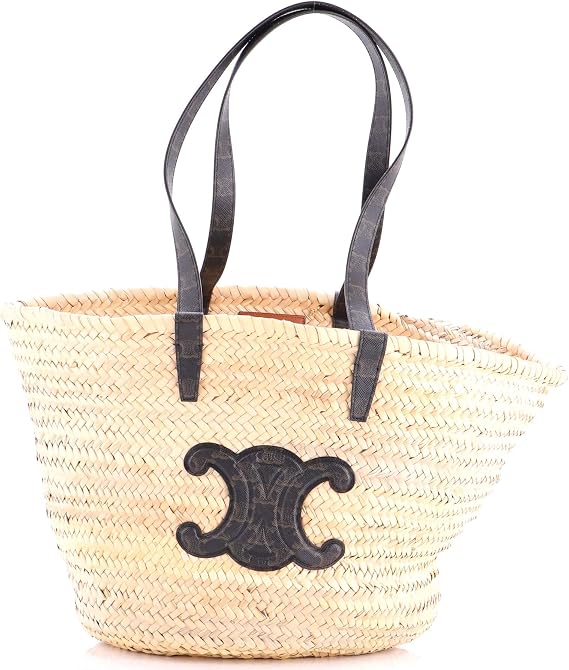 Pre-Loved Triomphe Basket Shoulder Bag Raffia with Leather Large, Brown