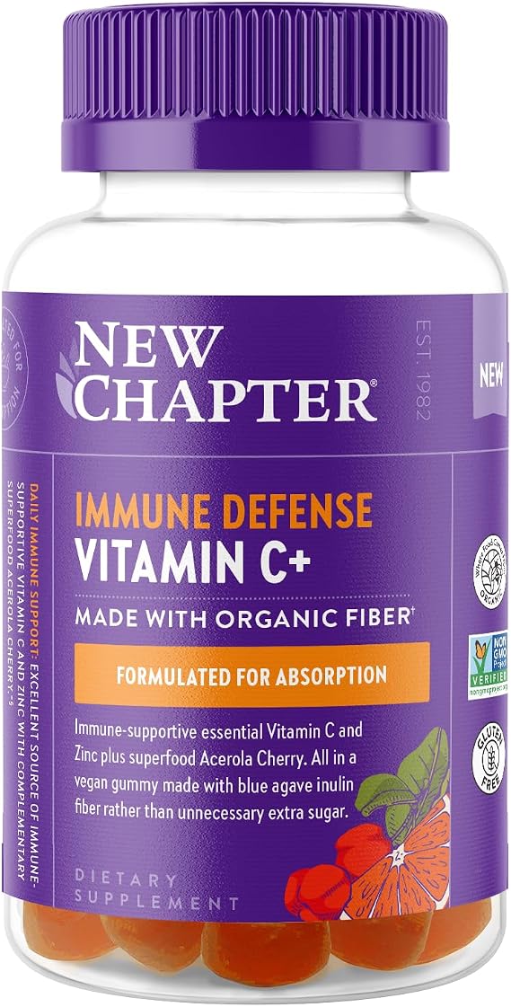 New Chapter Vitamin C+ Gummies, Citrus Flavored, 60 Count | 35% Less Sugar, Excellent Source of Vitamin C with Acerola Cherry for Immune Support, Vegan, Non-GMO, and Gluten Free