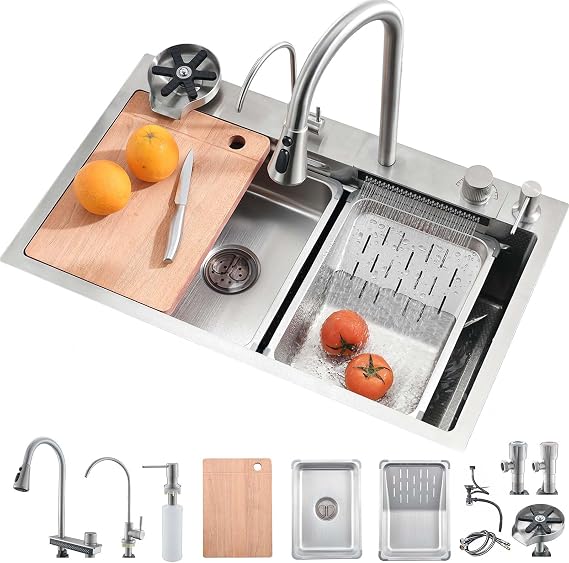 Brushed Kitchen Sink, 80x45x21cm, Multifunction Waterfall, Raindance Professional Countertop Kitchen Sink Stainless Steel Washbasin with High Pressure Pull-Out Faucet