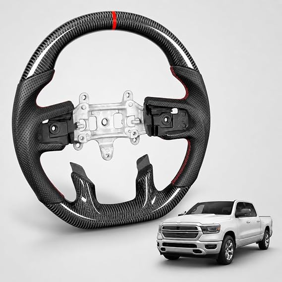 Real Carbon Fiber Steering Wheel for Ram 1500 (2019-2024 DT Models), Genuine 3K Twill Carbon with Perforated Leather Grip, D-Shape, Non-Heated