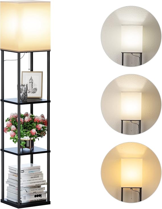 SUNMORY Floor Lamp with Shelves, Standing Lamps for Living Room, Black | 3 CCT LED Bulb Include, 4-Tier Display Bookshelf, 63" Tall Corner Shelf Lamp, Modern Style for Bedroom, Office, Home Decor