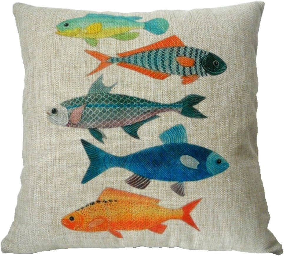 Cotton Linen Square Decorative Fashion Throw Pillow Case Cushion Cover Colorful Fish (20 X 20, Beige)