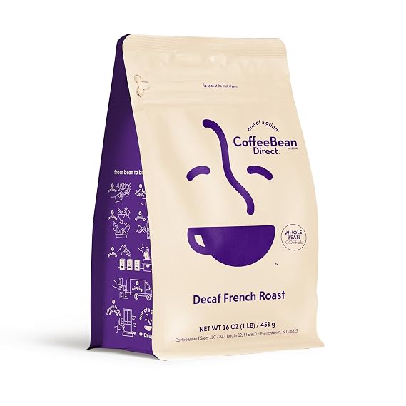 Coffee Bean Direct Decaf French Roast Blend, Whole Bean, 1lb Bag