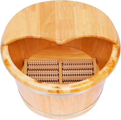 YIYIBYUS Wooden Foot Bath Barrel, Wooden Foot Basin with Lid & Massage Roller, Solid Wood Handmade Wooden Foot Tub Solid Cedar for Soaking Feet Spa Care