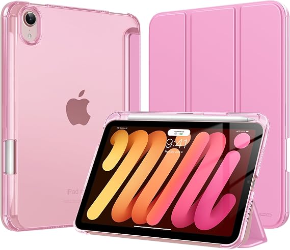 MoKo for iPad mini A17 Pro Case, iPad mini 7th/6th Case 2024/2021, Pink | 8.3-Inch Case for iPad Mini with Pencil Holder, Slim Light Trifold Smart Protective Cover with Hard PC Translucent Back Shell
