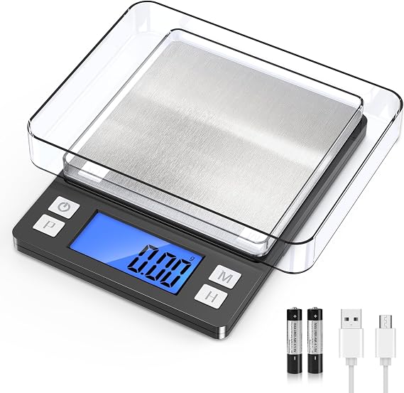 BOMATA 0.01g/1kg Upgraded Small Digital Scale, USB Rechargeable, with Larger Display and Hold,Tare Function, 9 Units, High Precision Digital Scale Grams and oz for Small Item, Kitchen...Grey