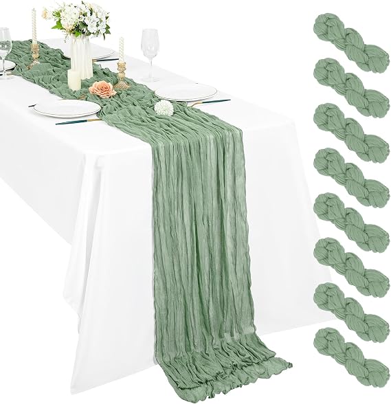 8 Pack Sage Green Cheesecloth Table Runner,10Ft Boho Gauze Table Runner 21x120 Inch Rustic Romantic Long TableRunner for Wedding Party Bridal Shower Thanksgiving Christmas Decoration
