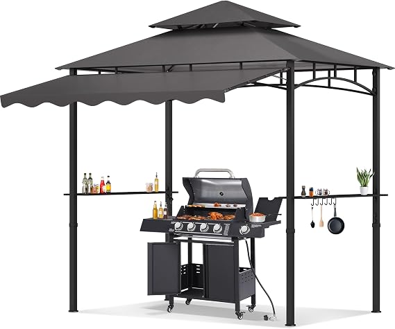 8'X 8' Grill Gazebo with Extra Side Awning, Double Tiered BBQ Gazebos Heavy-Duty Steel Frame Awning W/2 Side Shelf 7 Hook, Outdoor Pergola Awning Tent for Patio Deck Backyard BBQ Party (Gray)