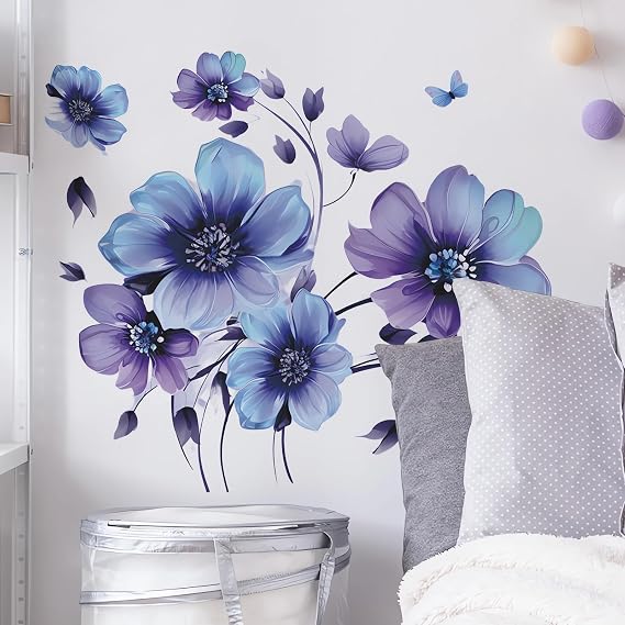 Blue-Purple Ink Daisy Violets Wall Stickers Floral Art Wall Decals | Flower Butterfly Removable Vinyl Peel and Stick for Living Room Bedroom Nursery Kids Room Home Decor